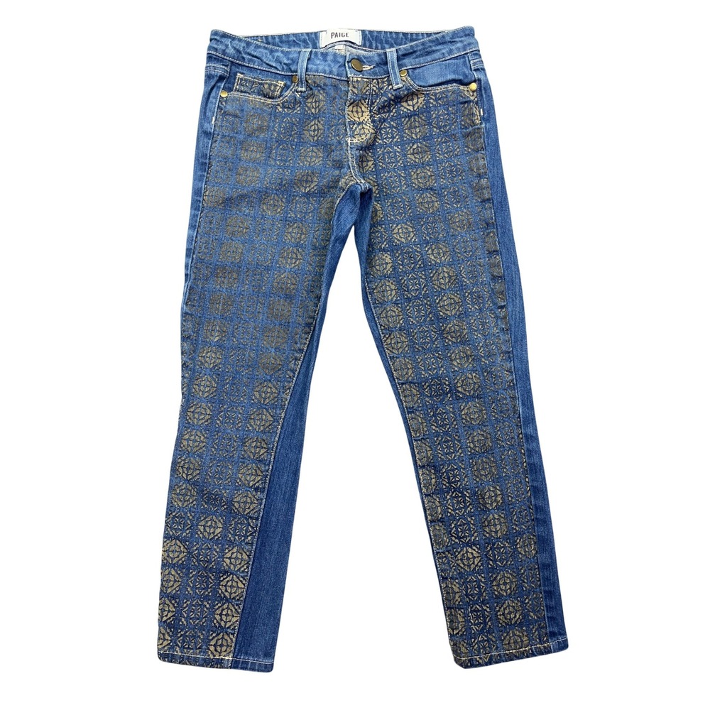 Paige Emily Ultra‎ Skinny Jeans Gold Print Denim Casual Pants Sz 25 Fits 27"